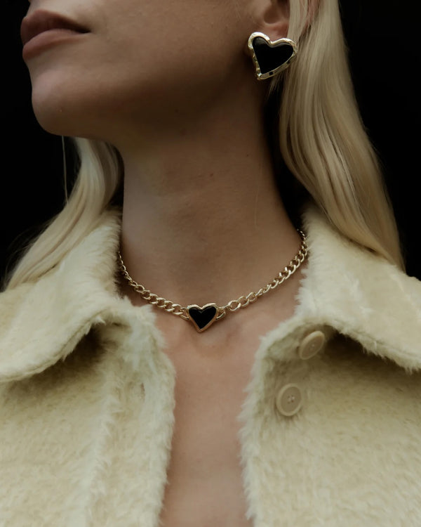 F+H Studios Whitney Heart Choker - Brass - 18K Gold Plating + Onyx