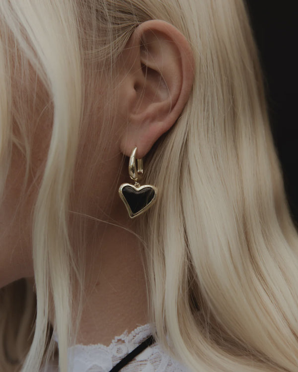 F+H Studios Whitney Heart Charm Earrings - Brass + 18K Gold Plating + Onyx
