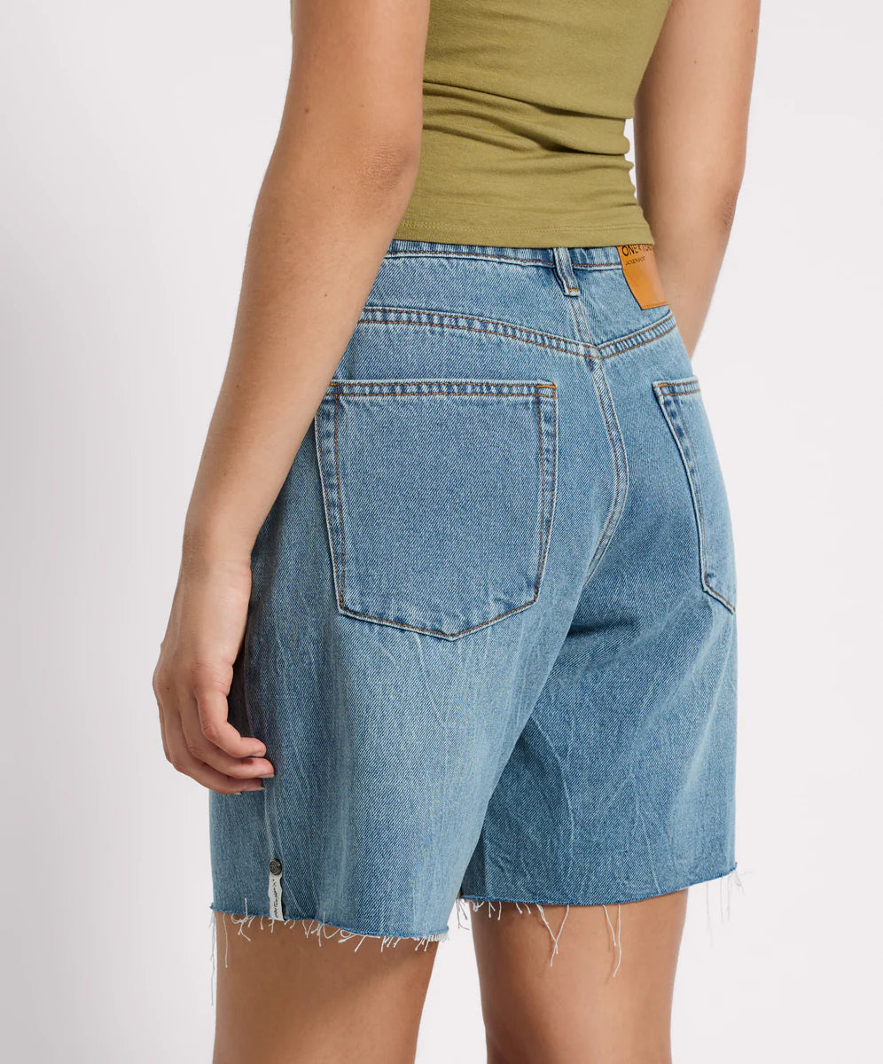 One Teaspoon Jacksons Mid Waist Wide Leg Denim Shorts