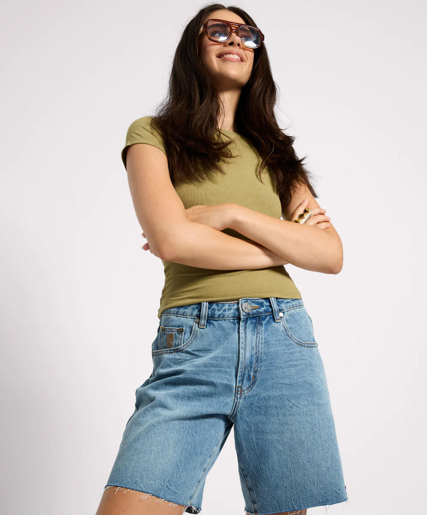 One Teaspoon Jacksons Mid Waist Wide Leg Denim Shorts