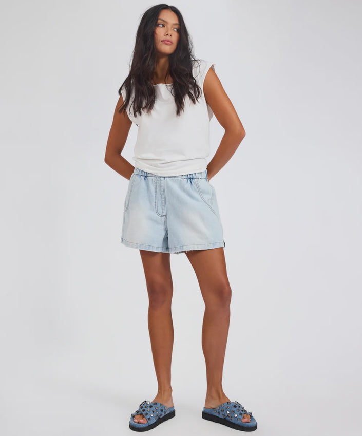One Teaspoon Funks High Waisted Elasticated Flippy Denim Shorts - Blue Latte