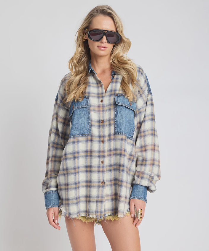 One Teaspoon Oversized Flannel Shirt - Blue/White