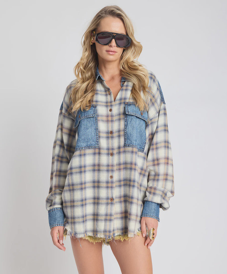 One Teaspoon Oversized Flannel Shirt - Blue/White