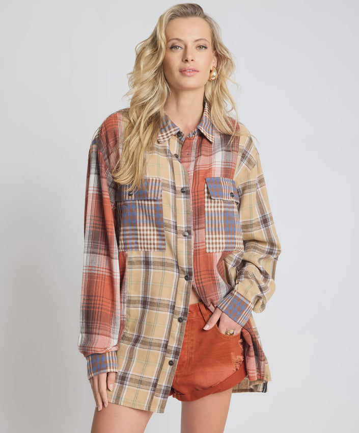 One Teaspoon Essential Patchwork Flannel Shirt - Natural