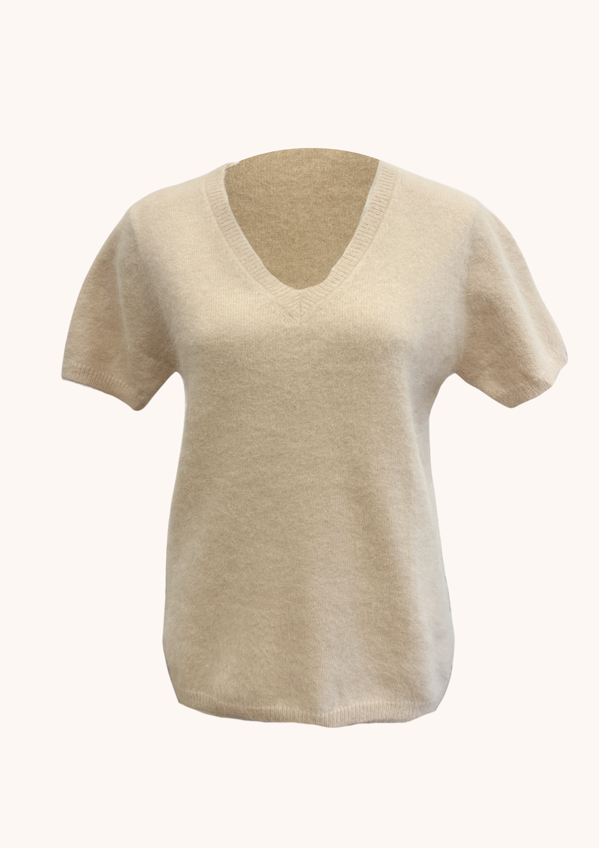 HONEY  V Neck Cashmere Crew Tee - Crema