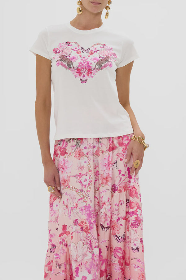 Camilla Botanical Novella Slim Fit Round Neck T-Shirt - White/Pink
