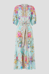 Camilla Bazaar Blooms Puff Sleeve Midi Shirt Dress with Tie