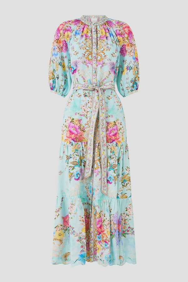 Camilla Bazaar Blooms Puff Sleeve Midi Shirt Dress with Tie
