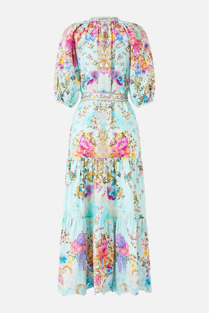 Camilla Bazaar Blooms Puff Sleeve Midi Shirt Dress with Tie