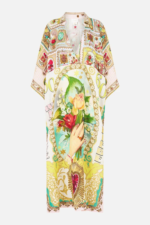 Camilla Painted Prayers Deep V Neck Kaftan with Curved Seam