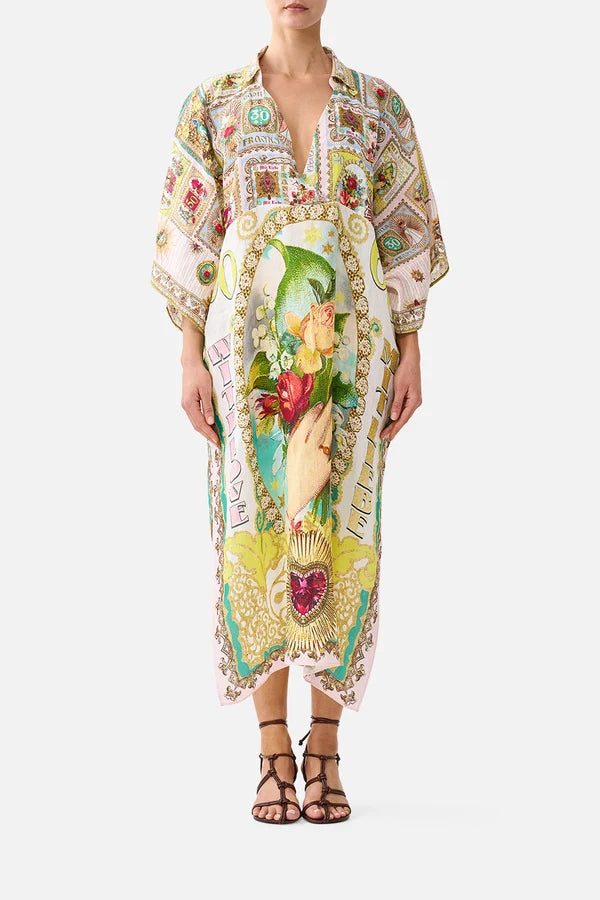 Camilla Painted Prayers Deep V Neck Kaftan with Curved Seam