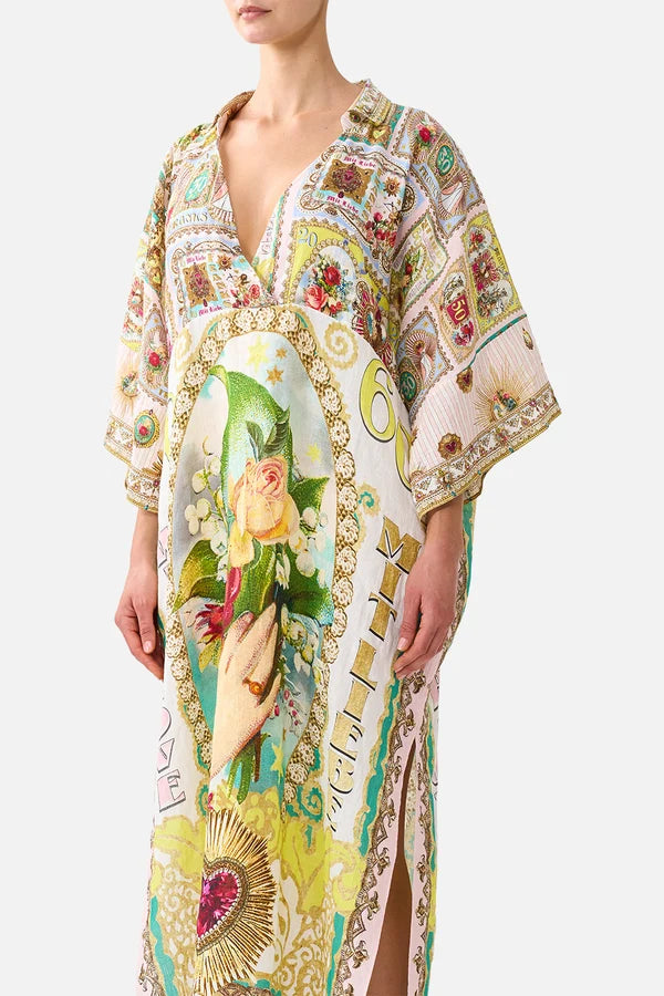 Camilla Painted Prayers Deep V Neck Kaftan with Curved Seam