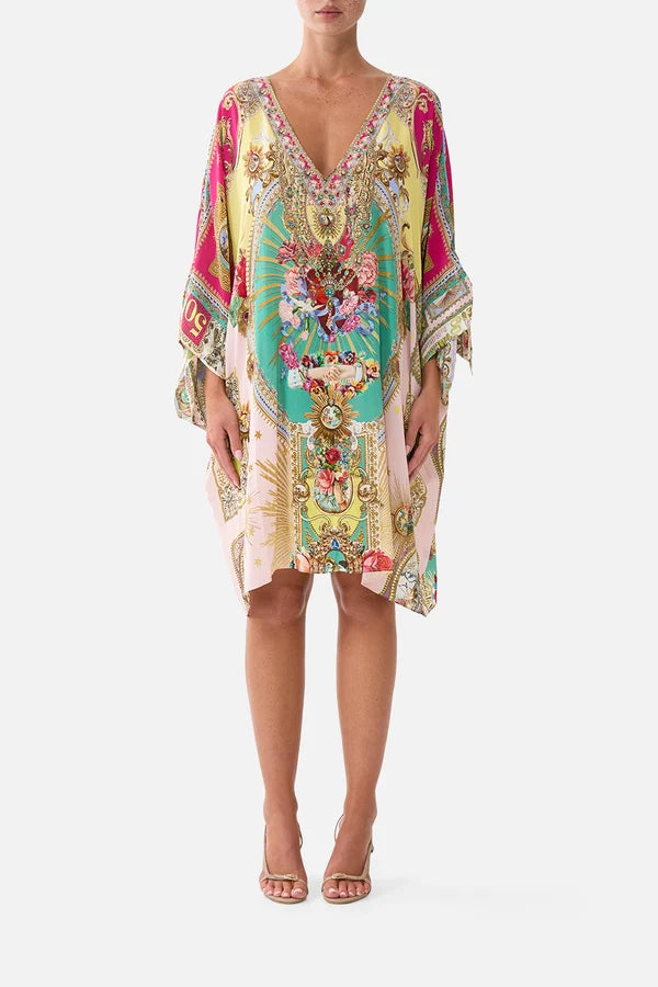 Camilla Painted Prayers Tie Sleeve Short V Neck Kaftan