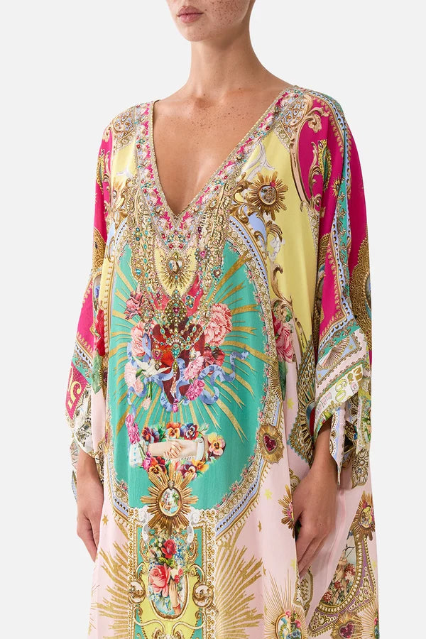Camilla Painted Prayers Tie Sleeve Short V Neck Kaftan