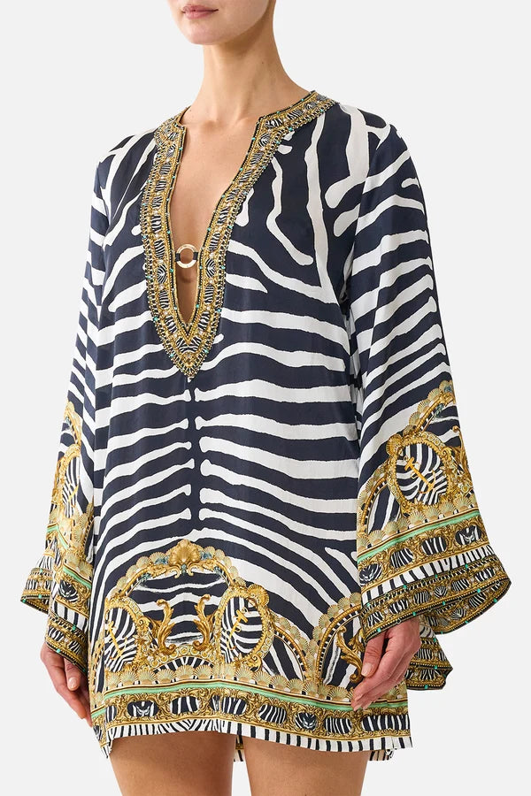 Camilla Zig Zag Zoo Deep V Neck Hardware Short Kaftan