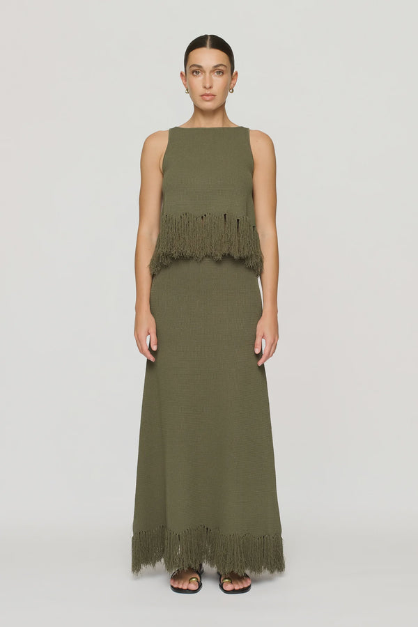 CLEA Clarissa Fringe Knit Skirt - Hunter