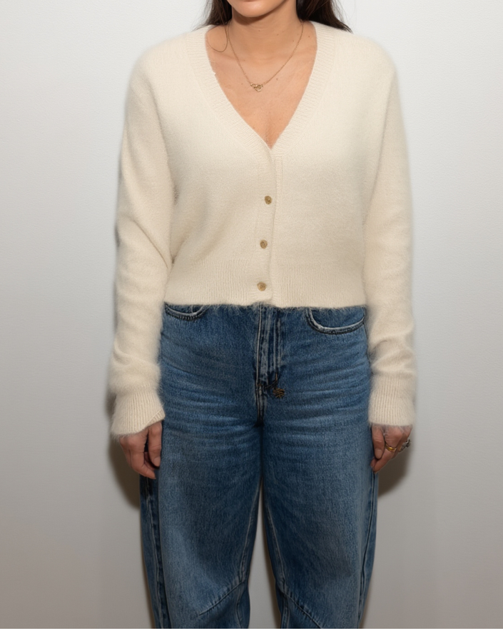 HONEY Short Button Cashmere Cardigan - Cream