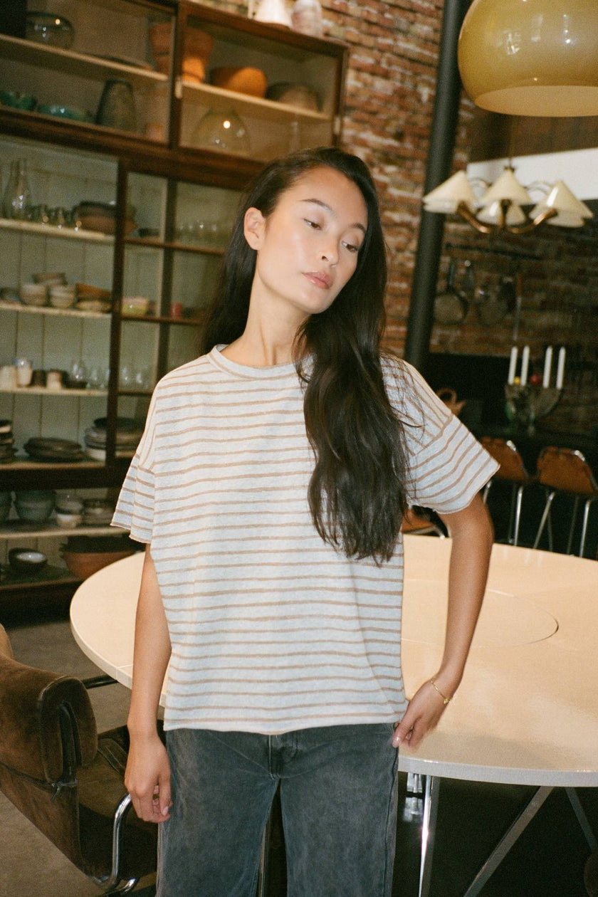 Rabens Saloner Margot Stripe Tee - Grey/Honey Stripe