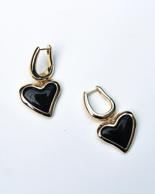F+H Studios Whitney Heart Charm Earrings - Brass + 18K Gold Plating + Onyx