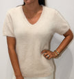 HONEY  V Neck Cashmere Crew Tee - Crema