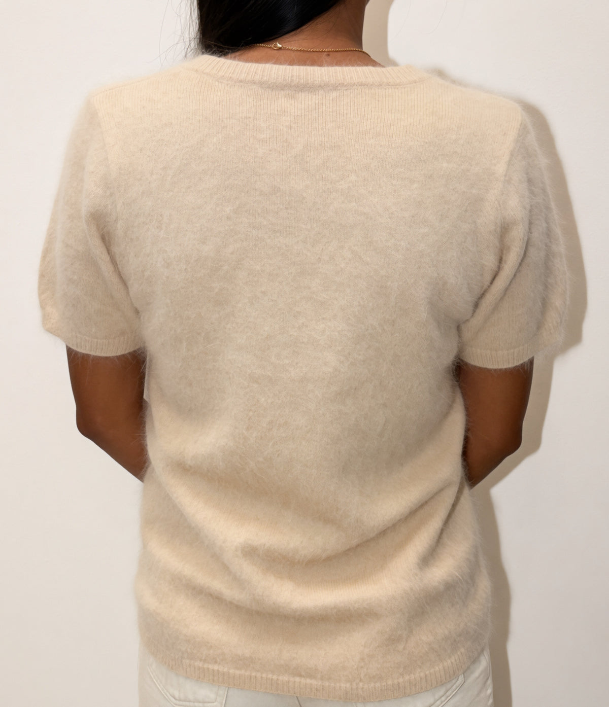 HONEY  V Neck Cashmere Crew Tee - Crema