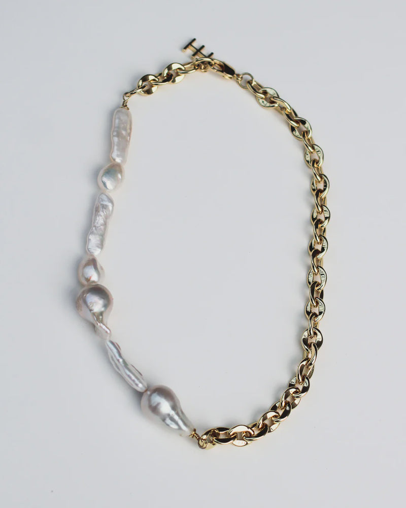 F+H Studios Mashed Up Pearl Necklace - Brass + 18K Gold Plating + Freshwater Pearl