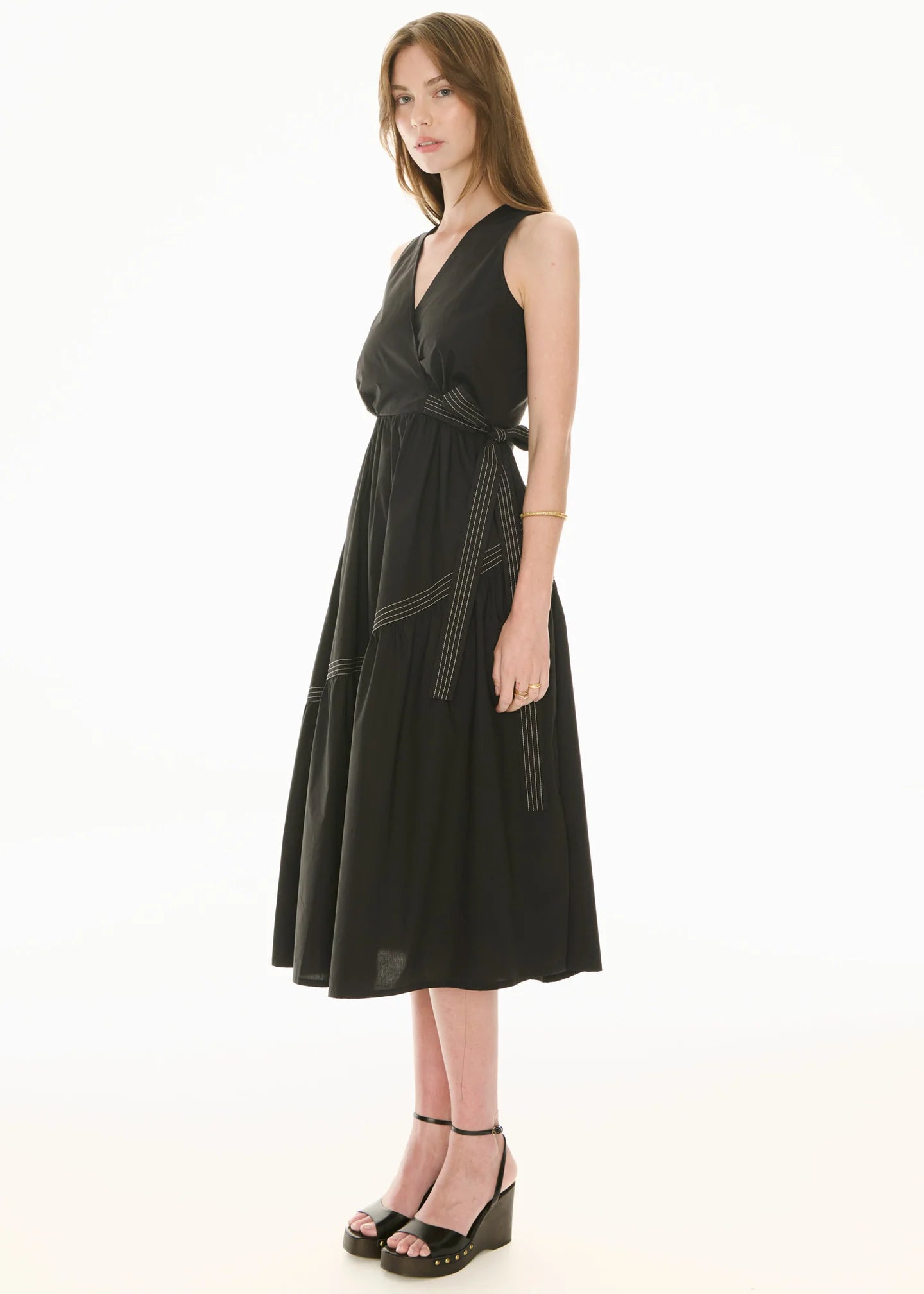 POL Orlo Topstitch Wrap Dress - Black/Pebble