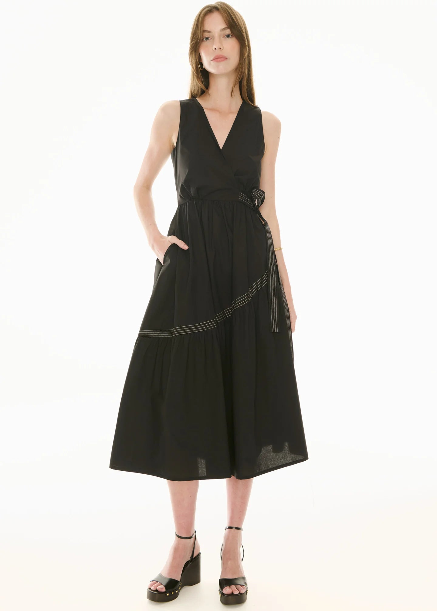 POL Orlo Topstitch Wrap Dress - Black/Pebble