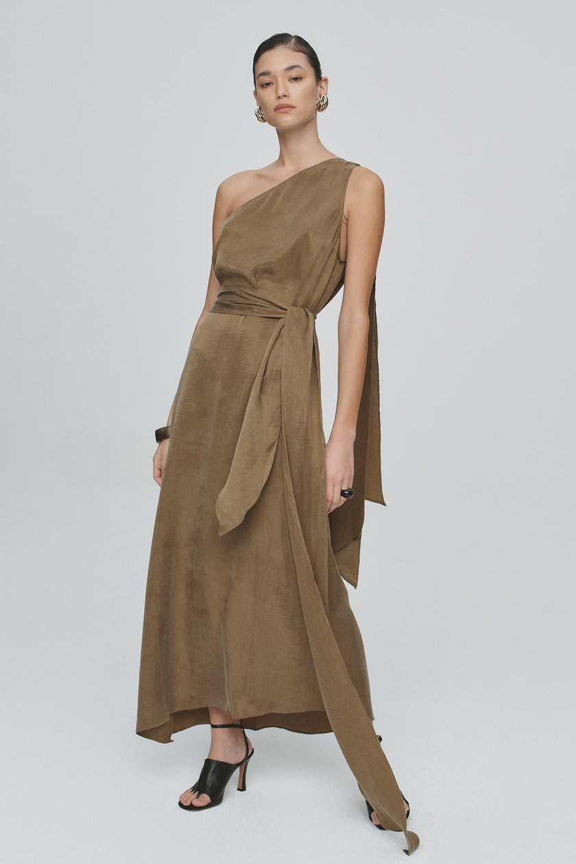 marle brown dress Gabriella Draped Mini Dress / Light Brown Marle | MESHKI