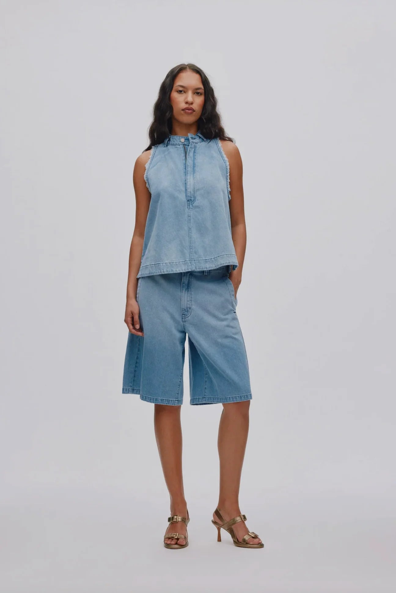 Rabens Saloner Faya Halter Top - Washed Denim