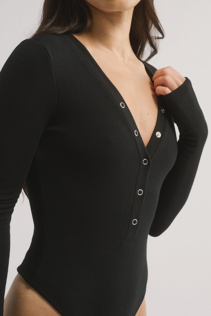 Primi  Nola Henley Long Sleeve Bodysuit - Black