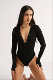 Primi  Nola Henley Long Sleeve Bodysuit - Black
