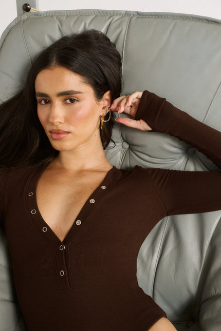 Primi Nola Henley Long Sleeve Bodysuit - Chocolate