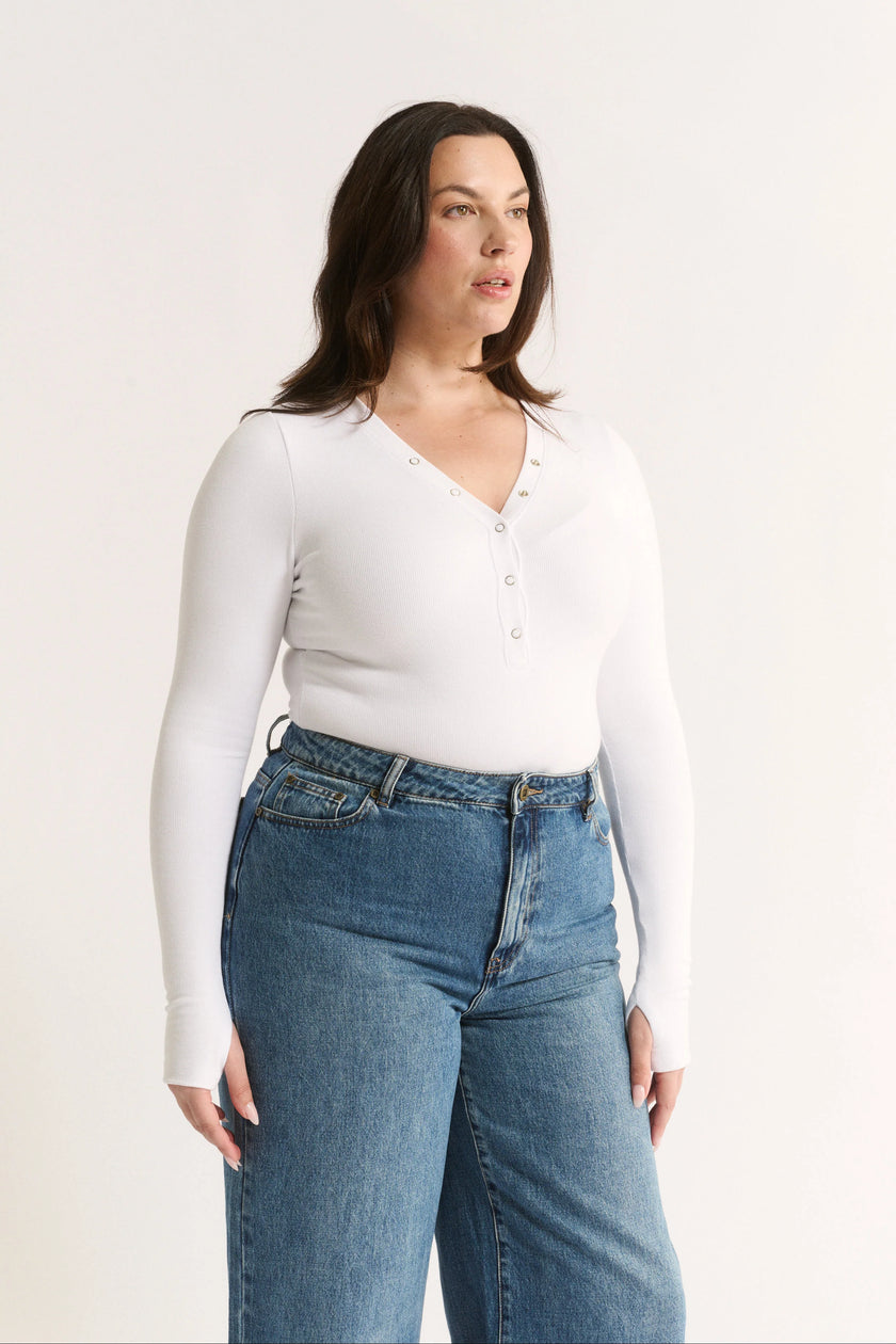 Primi  Nola Henley Long Sleeve Bodysuit - Optic White