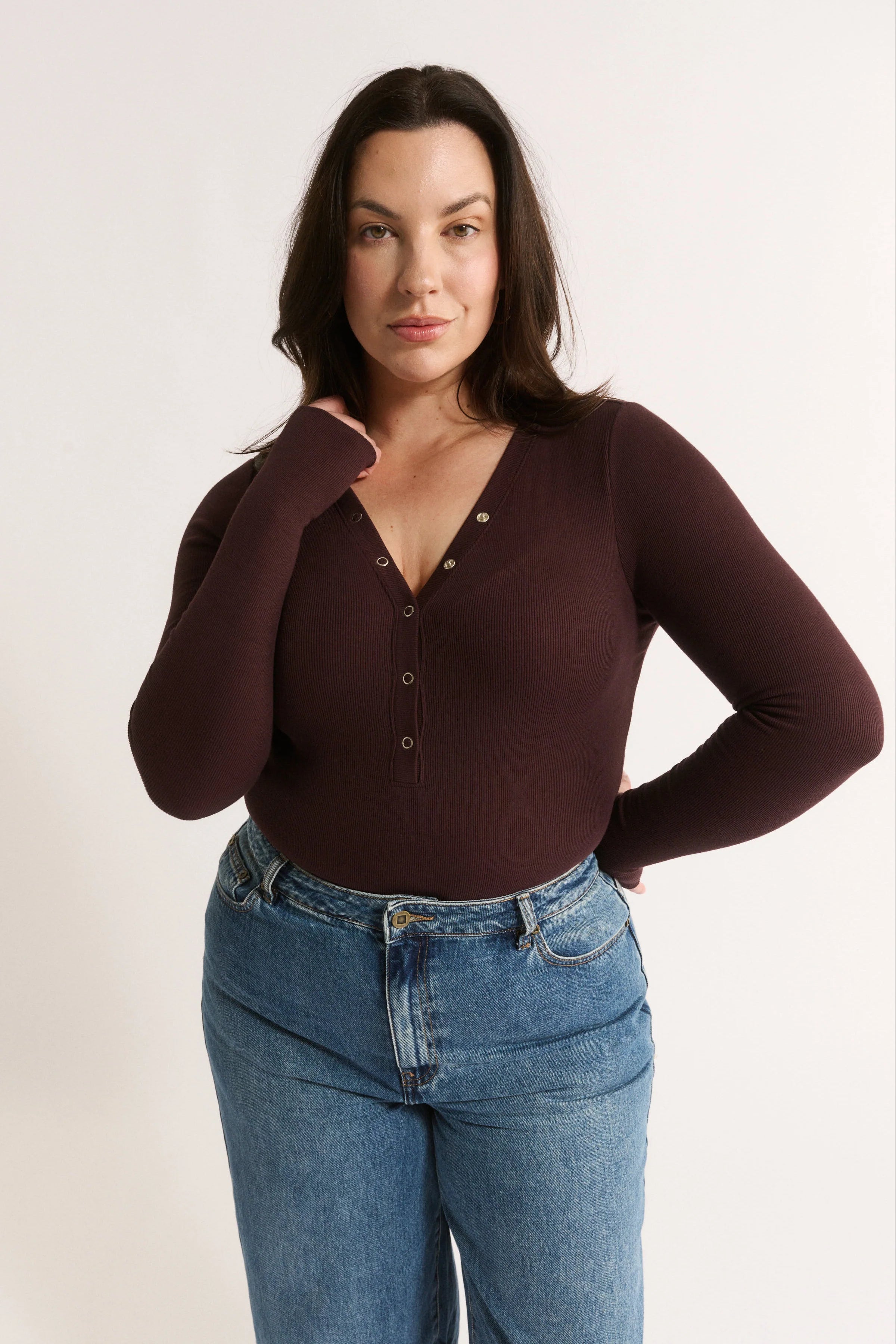 Primi  Nola Henley Long Sleeve Bodysuit - Cabernet