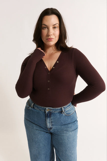 Primi  Nola Henley Long Sleeve Bodysuit - Cabernet