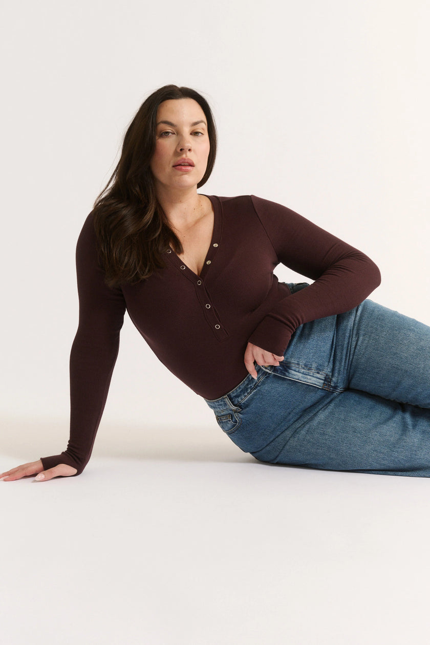 Primi  Nola Henley Long Sleeve Bodysuit - Cabernet