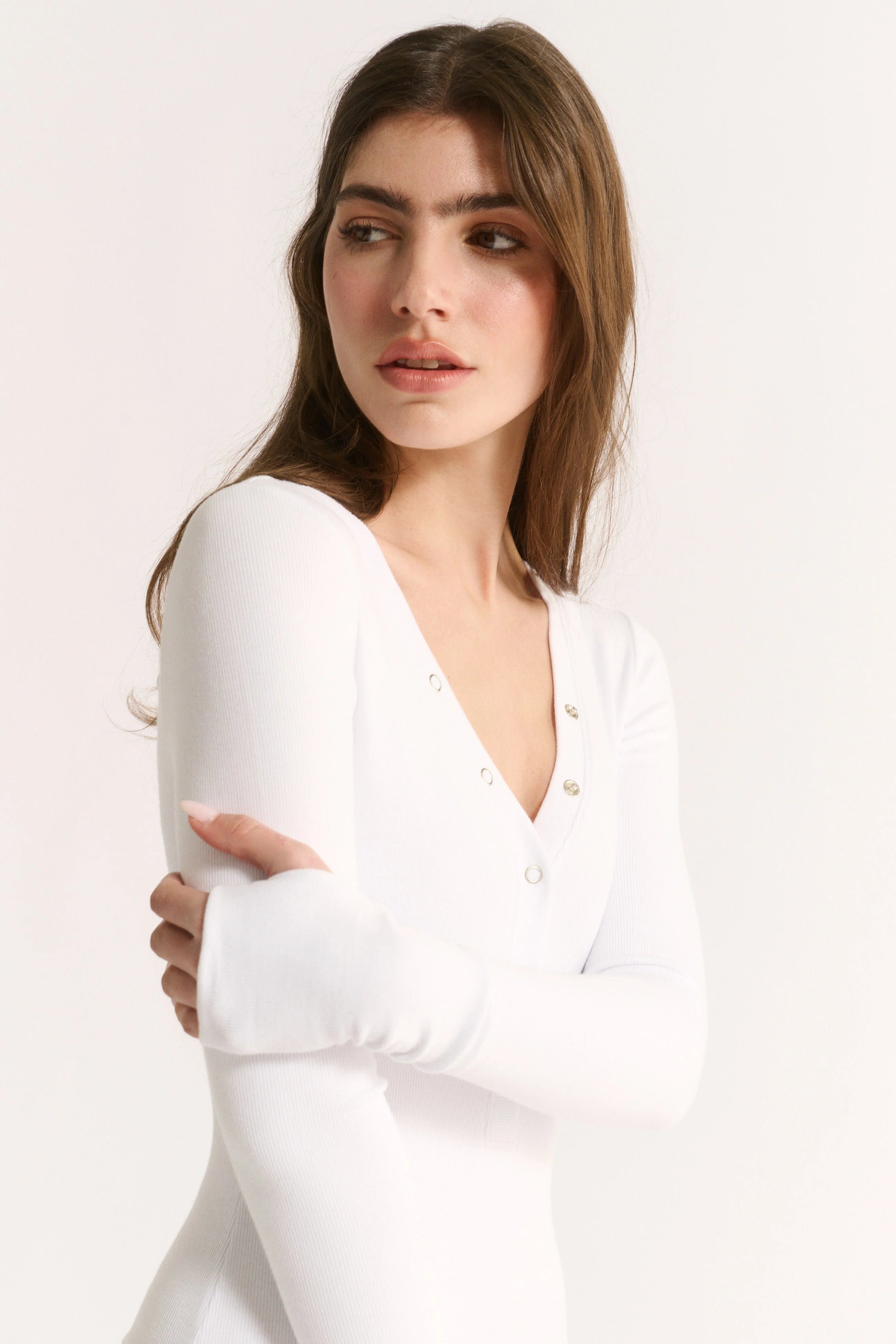 Primi  Nola Henley Long Sleeve Bodysuit - Optic White