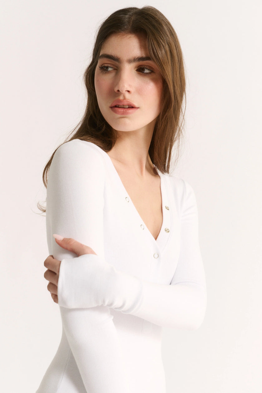 Primi  Nola Henley Long Sleeve Bodysuit - Optic White