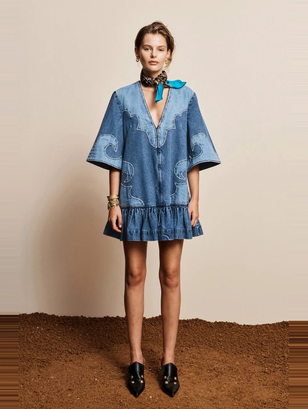 ALÉMAIS - JESSE DENIM APPLIQUE MINI DRESS