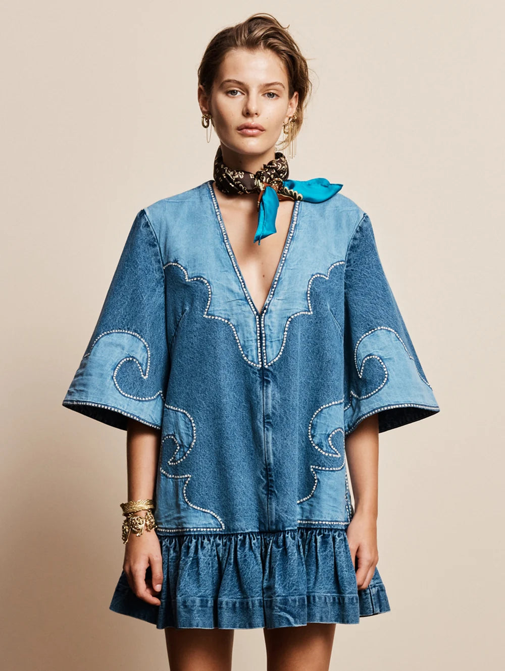 ALÉMAIS - JESSE DENIM APPLIQUE MINI DRESS