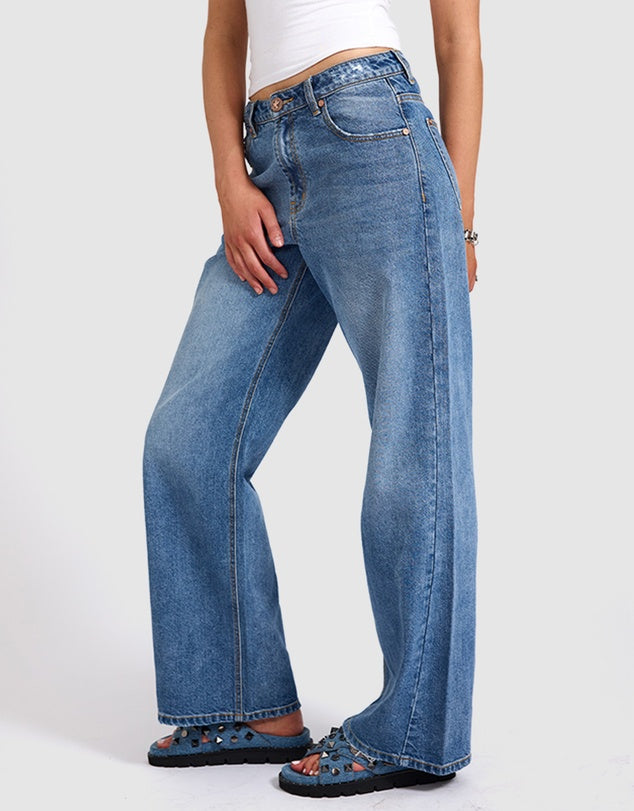 One Teaspoon Jackson Mid Waist Wide Leg Denim Jeans