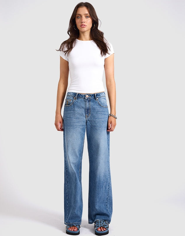 One Teaspoon Jackson Mid Waist Wide Leg Denim Jeans