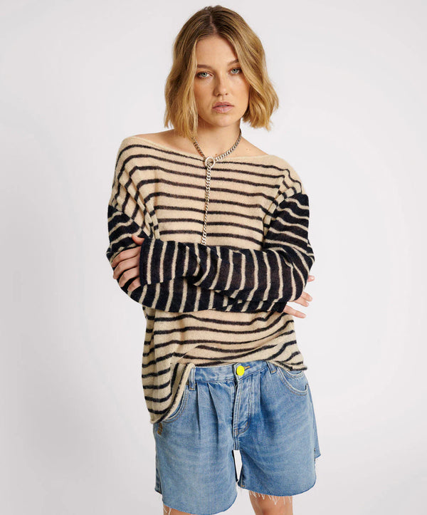 One Teaspoon Striped Mohair Sweater - Striped Ivory/Navy