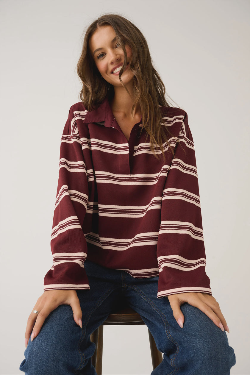 cartel & willow Freddie Rugby Top - Burgandy Stripe